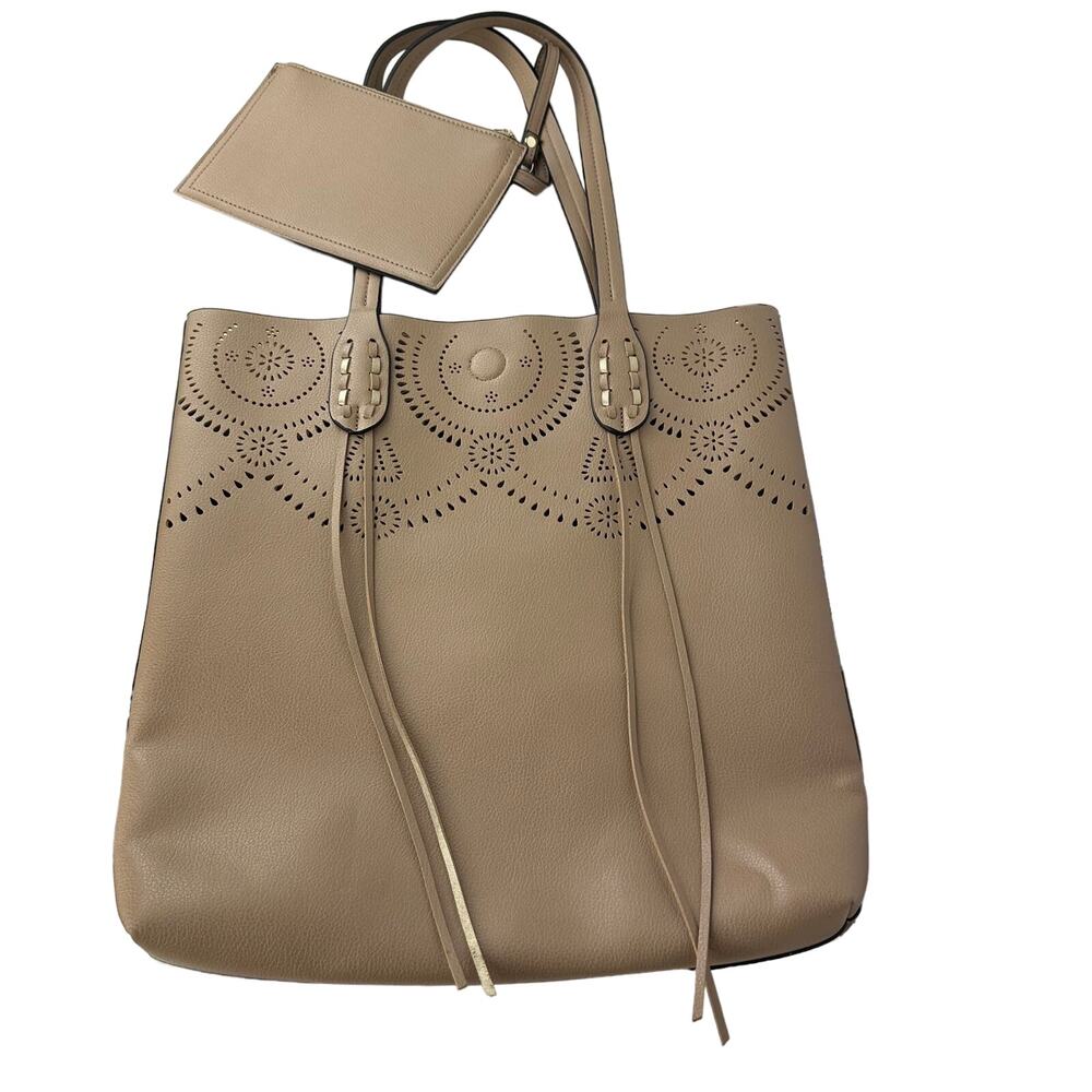 Mellow World Womens Laser Cut Detail Boho Beige Vegan Leather Large Tote Bag